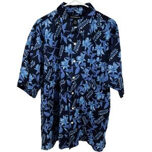 Statements Linen Hawaiian Shirt Button Down Short Sleeve Floral Blue XXL